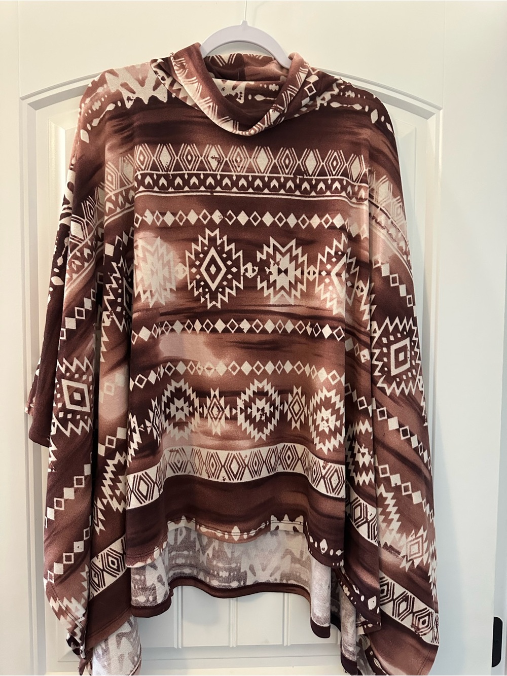 Boho Aztec Cowl Neck Poncho Top - Brown & Cream